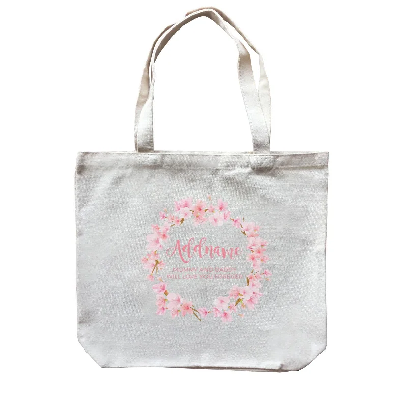 Canvas shopping bag with a reinforced bottom and a long handlePink Flower Garland Personalisable with Name and Text Canvas Bag