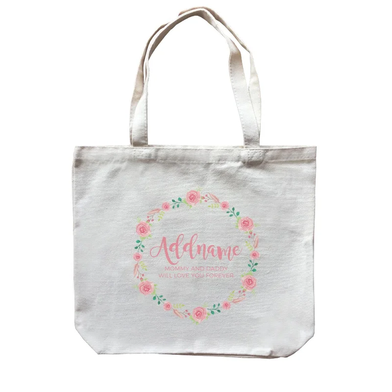 Canvas beach bag with a colorful stripe design and a waterproof liningPink Roses Wreath Personalizable with Name and Text Canvas Bag