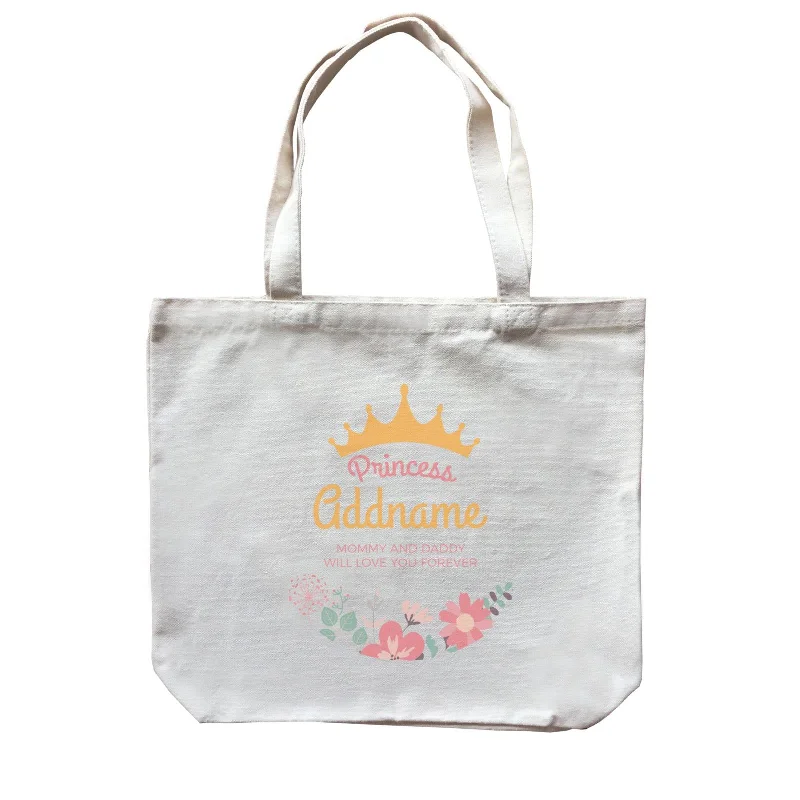 Canvas picnic bag with a set of plates and utensils includedPrincess with Tiara and Flowers 2 Personalizable with Name and Text Canvas Bag