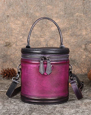 Bucket bag with a hidden anti - theft pocket for securityPurple Leather Womens Bucket Handbag Barrel Shoulder Bag Crossbody Purse for Ladies