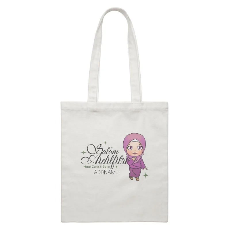 Canvas shopping bag with a reinforced bottom and a long handleRaya Chibi Wishes Woman Addname Wishes Everyone Salam Aidilfitri Maaf Zahir & Batin White Canvas Bag