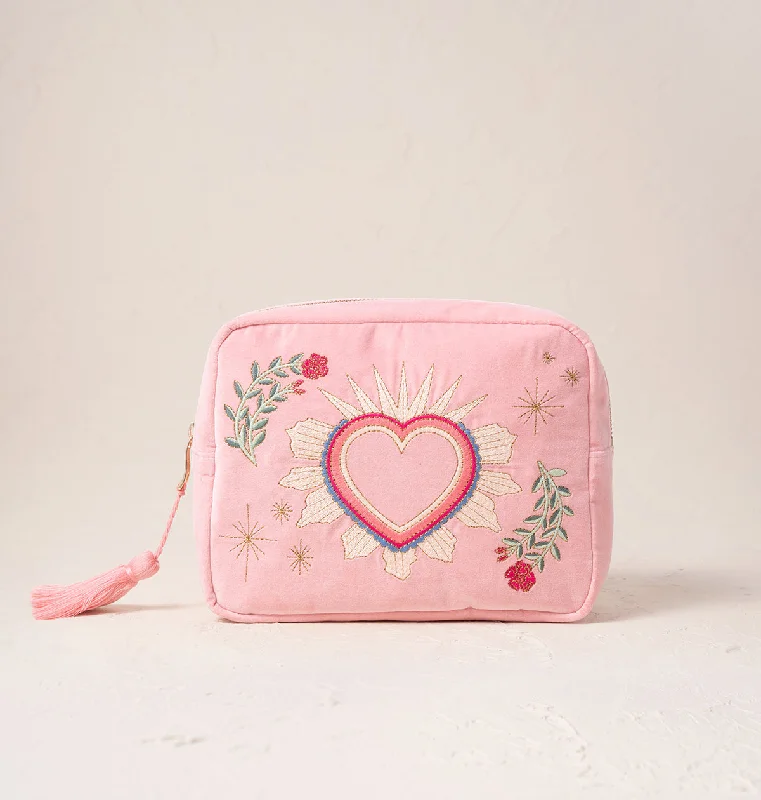 Women's leather makeup bag with a hand-stitched border and gold zippersEnchanted Heart Wash Bag