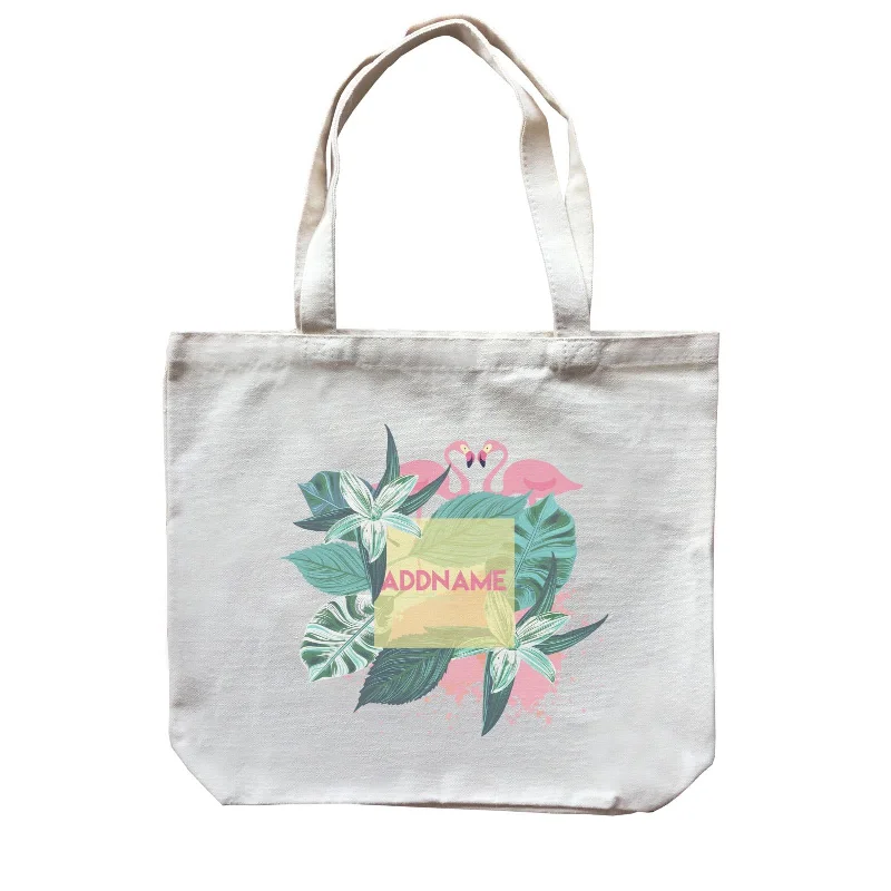 Canvas shopping bag with a reinforced bottom and a long handleTropical Leaves with Flamingoes Addname Canvas Bag