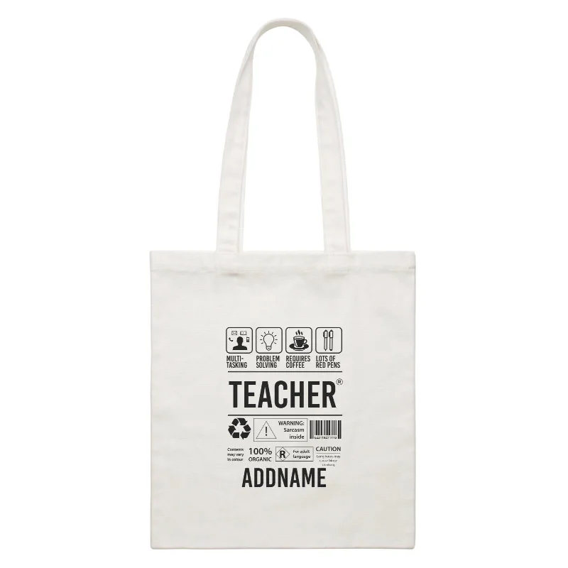 Canvas handbag with a tassel detail and a magnetic snap closureTypography Series - Teacher Infographic Warning White Canvas Bag