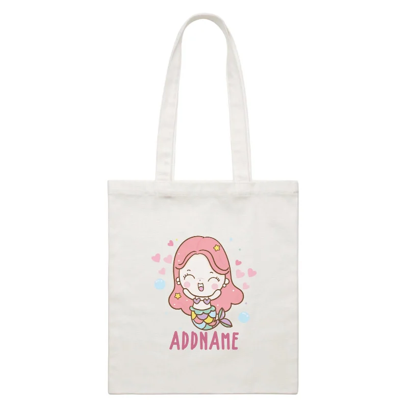 Women's canvas tote bag with a large floral print and leather handlesUnicorn And Princess Series Cute Happy Mermaid Girl Addname White Canvas Bag