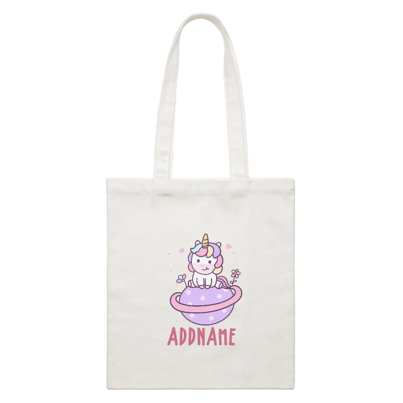 Canvas wine tote with a foam insert to protect bottlesUnicorn And Princess Series Cute Pastel Unicorn Sitting On Planet Addname White Canvas Bag