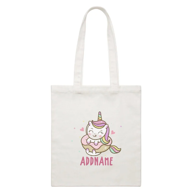 Canvas laundry bag with a drawstring top and a large openingUnicorn And Princess Series Unicorn Eating Donut Addname White Canvas Bag