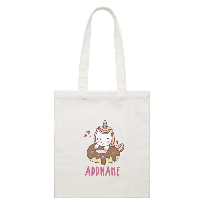 Canvas laundry bag with a drawstring top and a large openingUnicorn And Princess Series Unicorn Hugging Donut Addname White Canvas Bag