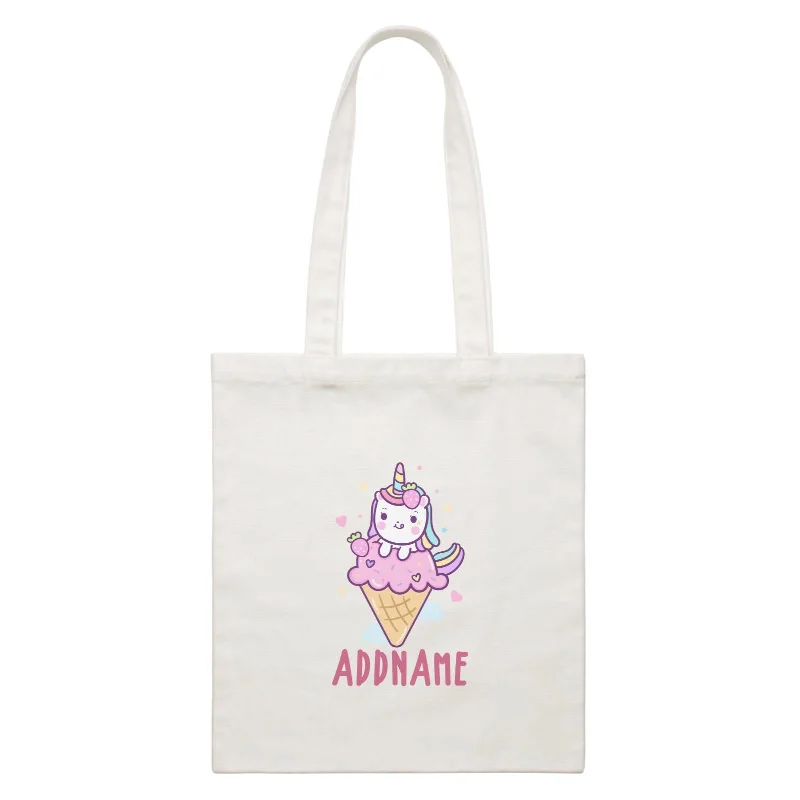 Canvas sports bag with a ventilated shoe compartment and a large main pocketUnicorn And Princess Series Unicorn Hugging Ice Cream Addname White Canvas Bag