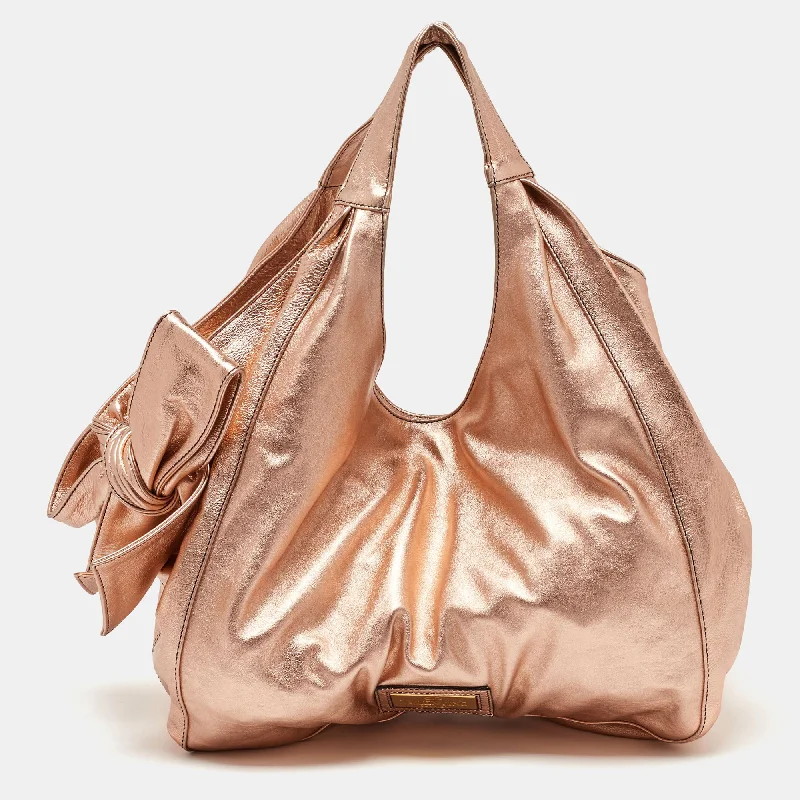 Vegan leather hobo bag for eco - conscious consumersValentino Metallic Rose Gold Leather Nuage Bow Hobo