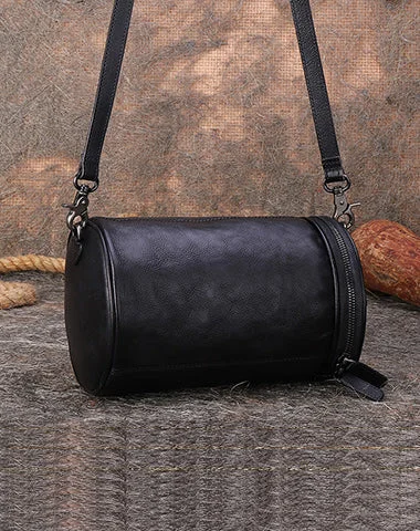 Bucket bag with a hidden anti - theft pocket for securityVintage Black Gray Leather Womens Barrel Shoulder Bag Bucket Crossbody Purse for Women