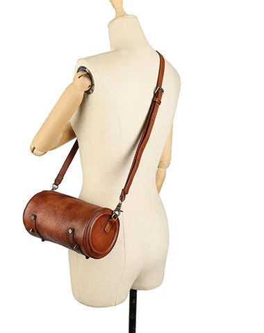 Laser - cut leather bucket bag with an intricate patternVintage Brown Leather Womens Barrel Shoulder Bag Bucket Crossbody Purse for Women