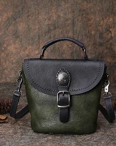 Metallic bucket bag with a shiny finish for evening eventsVintage Leather Womens Bucket Green Shoulder Bag Handmade Barrel Crossbody Purse for Ladies