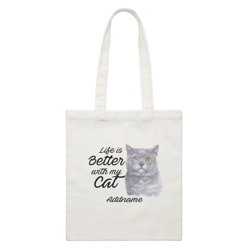 Canvas lunch bag with an insulated interior and a zippered closureWatercolor Life is Better With My Cat British Shorthair Grey Addname White Canvas Bag