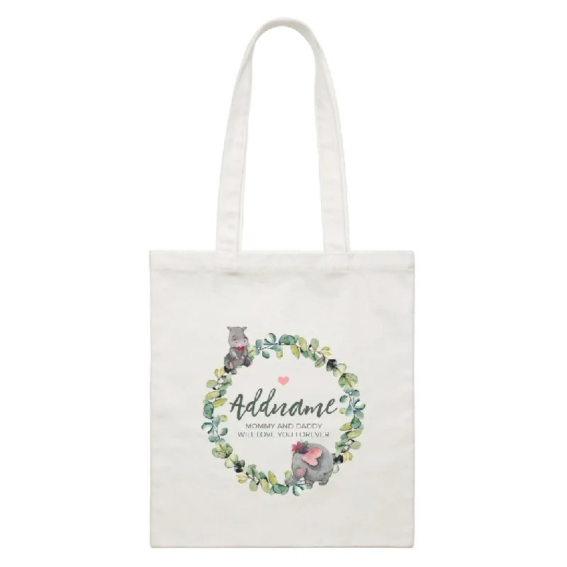 Canvas duffel bag with a drawstring closure and a large capacity for travelWatercolour Hippo and Elephant Leaf Wreath Personalizable with Name and Text Canvas Bag