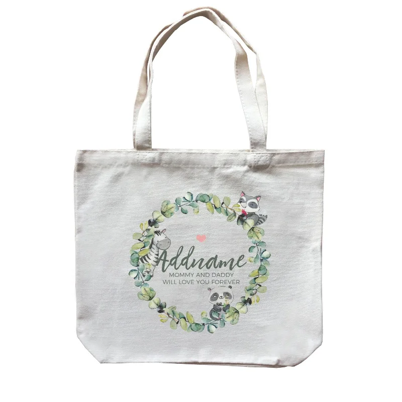 Canvas lunch bag with an insulated interior and a zippered closureWatercolour Panda Zebra and Racoon Leaf Wreath Personalizable with Name and Text Canvas Bag