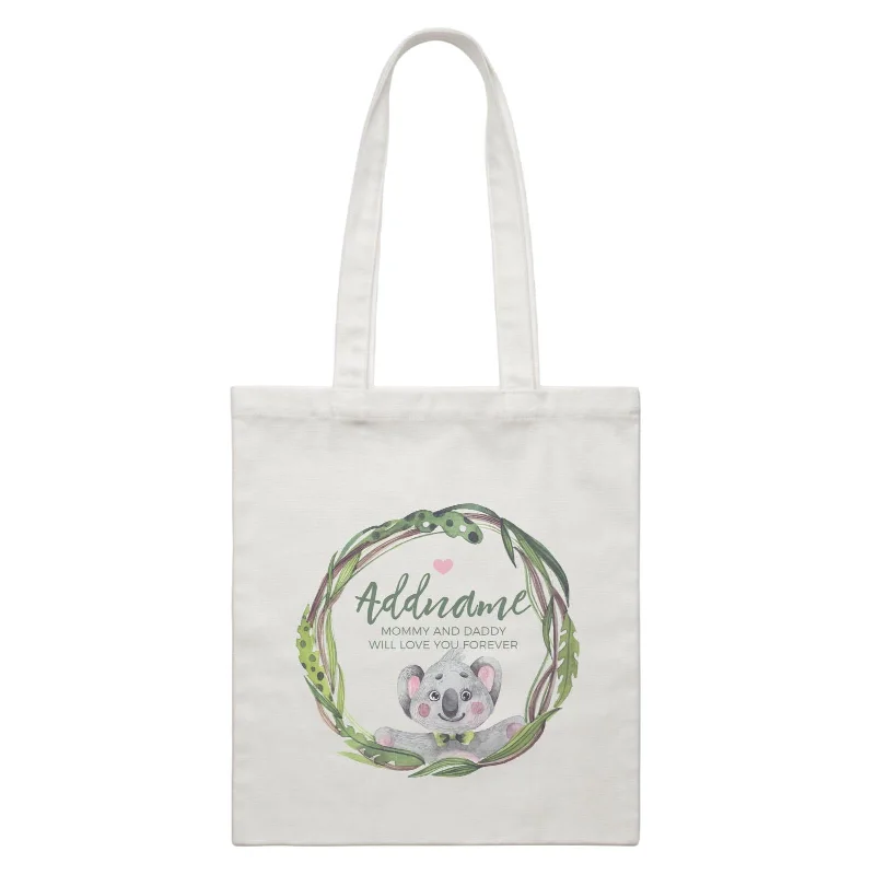 Canvas camera bag with a padded interior and adjustable dividersWatercolour Pink Koala Green Leaves Wreath Personalizable with Name and Text White Canvas Bag