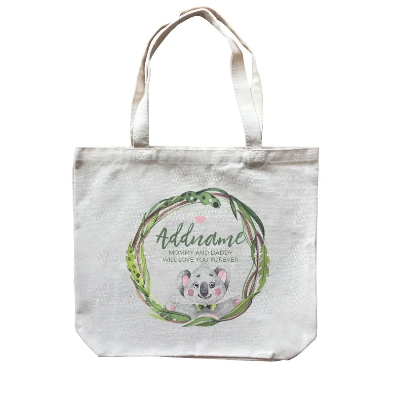 Watercolour Pink Koala Green Leaves Wreath Personalizable with Name and Text Canvas Bag