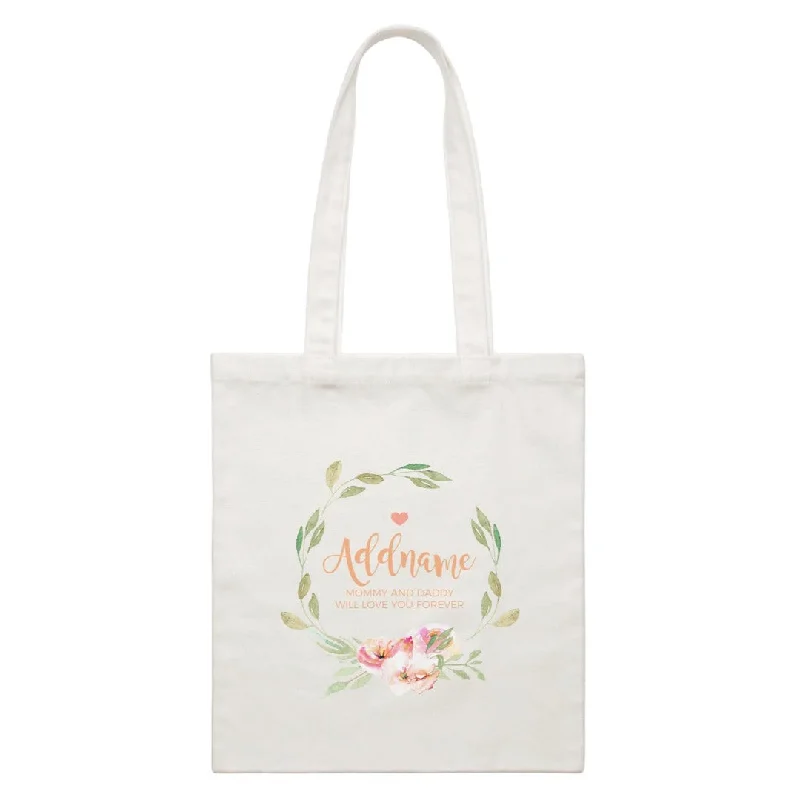 Canvas laptop bag with a padded sleeve and a zip - around closureWatercolour Sweet Pink Flowers Wreath Personalizable with Name and Text Canvas Bag