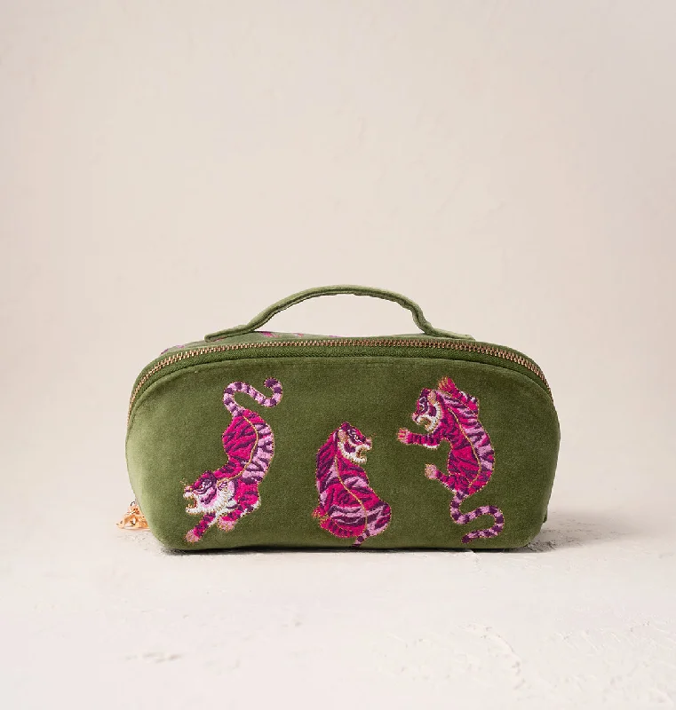 Laser-cut leather makeup bag with an intricate geometric patternWild Tiger Open Flat Makeup Bag