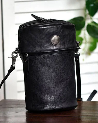 Studded crossbody bag with a punk - rock edgeWomens Black Leather Bucket Crossbody Bag Purse Vintage Handmade Round Barrel Shoulder Bag for Women