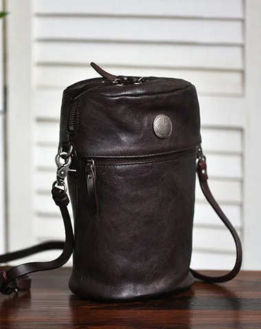 Vegan leather crossbody bag for eco - conscious consumersWomens Coffee Leather Bucket Crossbody Bag Purse Vintage Handmade Round Barrel Shoulder Bag for Women