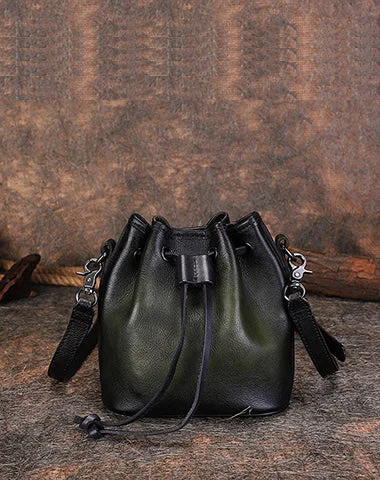 Plus - size crossbody bag with a roomy interior for carrying essentialsWomens Green Leather Barrel Crossbody Bag Purse Vintage Round Bucket Shoulder Bag for Women