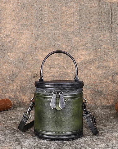 Vegan leather crossbody bag for eco - conscious consumersWomens Green Leather Barrel Handbag Purses Vintage Handmade Round Shoulder Bag Bucket Crossbody Handbag for Women