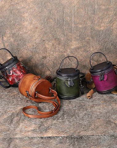 Crossbody bag with a hidden anti - theft pocket for securityWomens Leather Barrel Handbag Purses Vintage Handmade Round Shoulder Bag Bucket Crossbody Handbag for Women