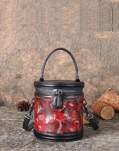 Color - blocked crossbody bag with bold hues for a fashion statementWomens Red Leather Barrel Handbag Purses Vintage Handmade Round Shoulder Bag Bucket Crossbody Handbag for Women