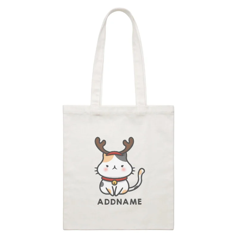 Canvas shopping bag with a reinforced bottom and a long handleXmas Cute Cat With Reindeer Antlers Addname Accessories Canvas Bag