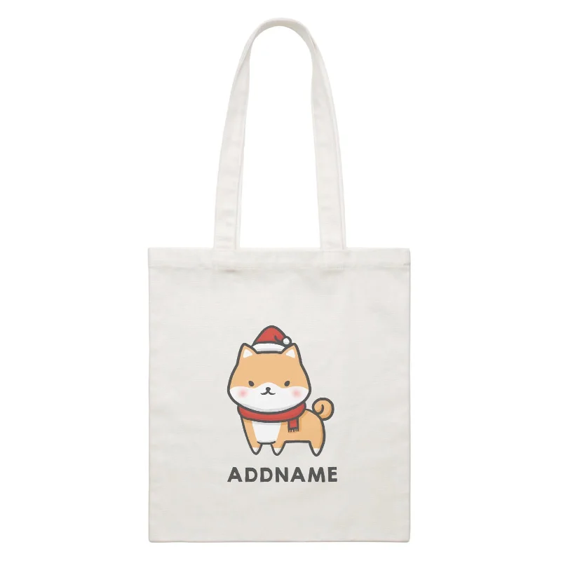 Canvas handbag with a tassel detail and a magnetic snap closureXmas Cute Shiba Inu Addname White Canvas Bag