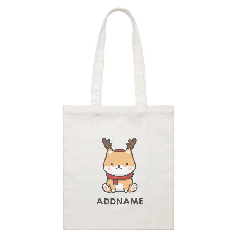 Canvas picnic bag with a set of plates and utensils includedXmas Cute Shiba Inu Sitting Addname White Canvas Bag