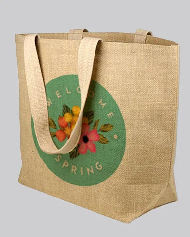 Floral-printed cotton tote bag with a ruffled edge for spring and summerLarge Jute Beach Bag Customized - Personalized Large Jute With Your Logo - TJ896