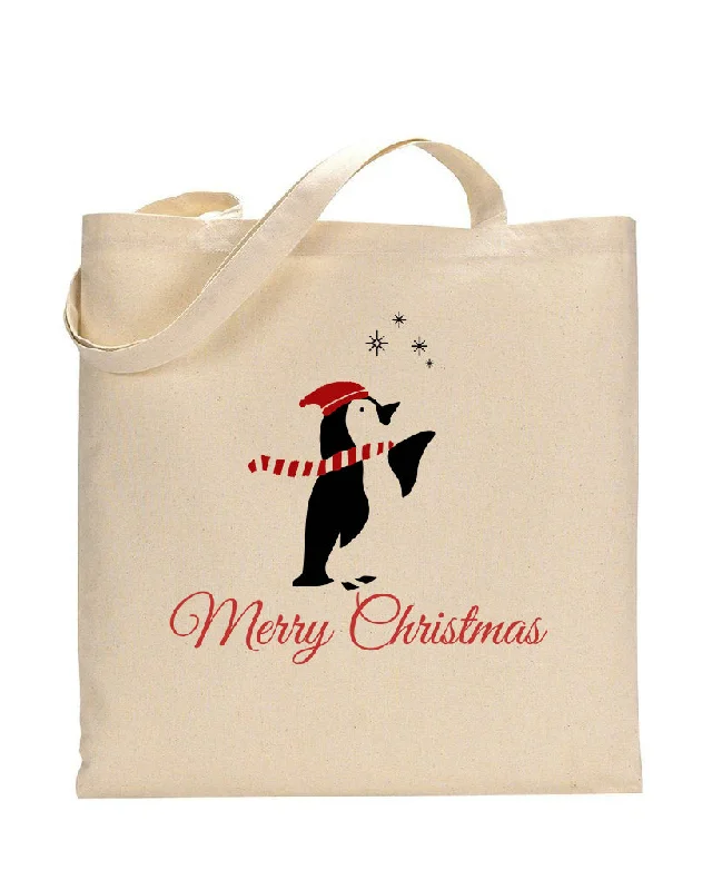 Embroidered silk tote bag with intricate peacock designs for elegancePenguin and Stars Merry Christmas Tote Bag - Christmas Bags