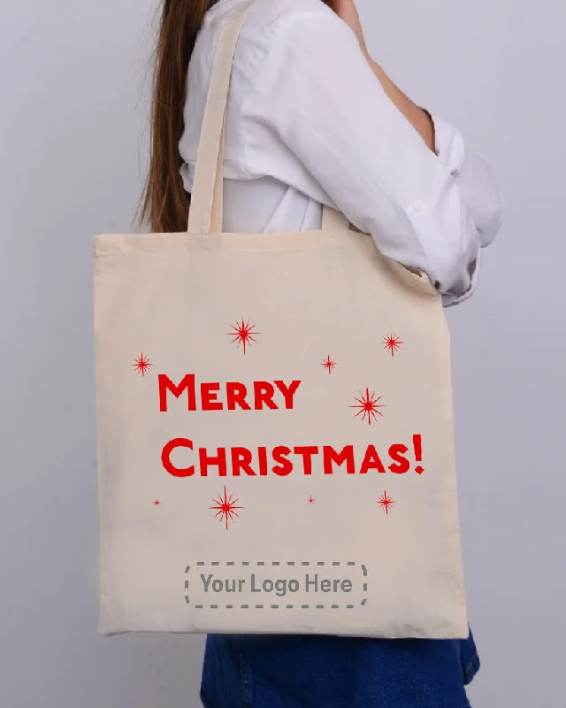 Tote bag with multiple internal compartments and a zippered pocket for organizationRed Color Stars Merry Christmas Tote Bag - Christmas Bags