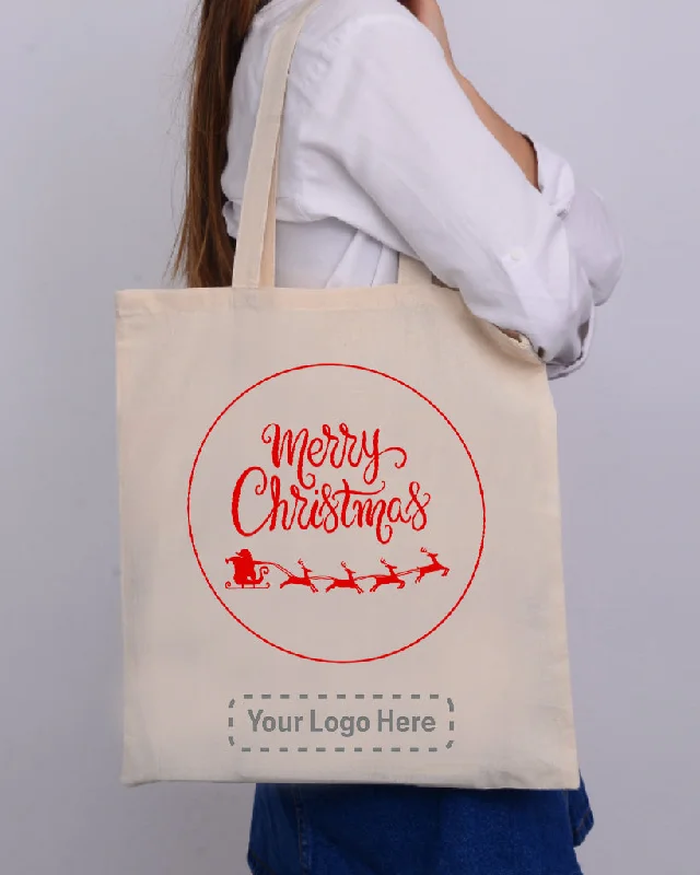 Tote bag with multiple internal compartments and a zippered pocket for organizationSanta Claus With a Reindeer Flying Red Color Christmas Tote Bag - Christmas Bags