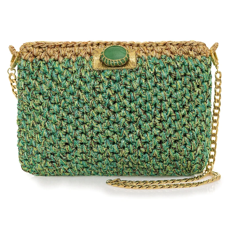 Vegan leather handle bag made from recycled materials for eco - conscious consumersALEX Simone Crochet Clutch - Metallic Green and Gold