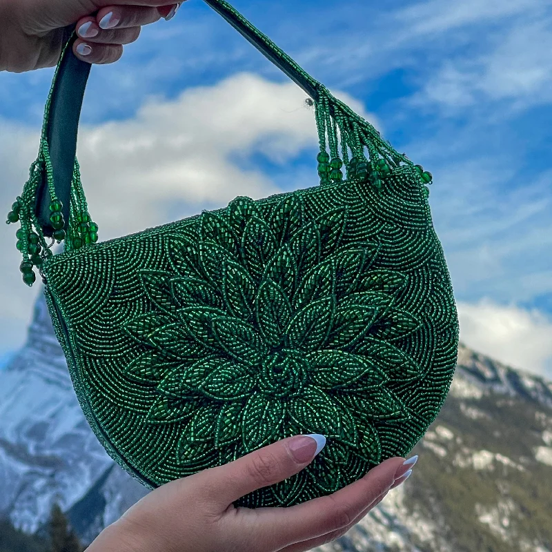 Women's satin clutch with a beaded flower accent for a glamorous eveningAMARA Beaded Bag (Green)