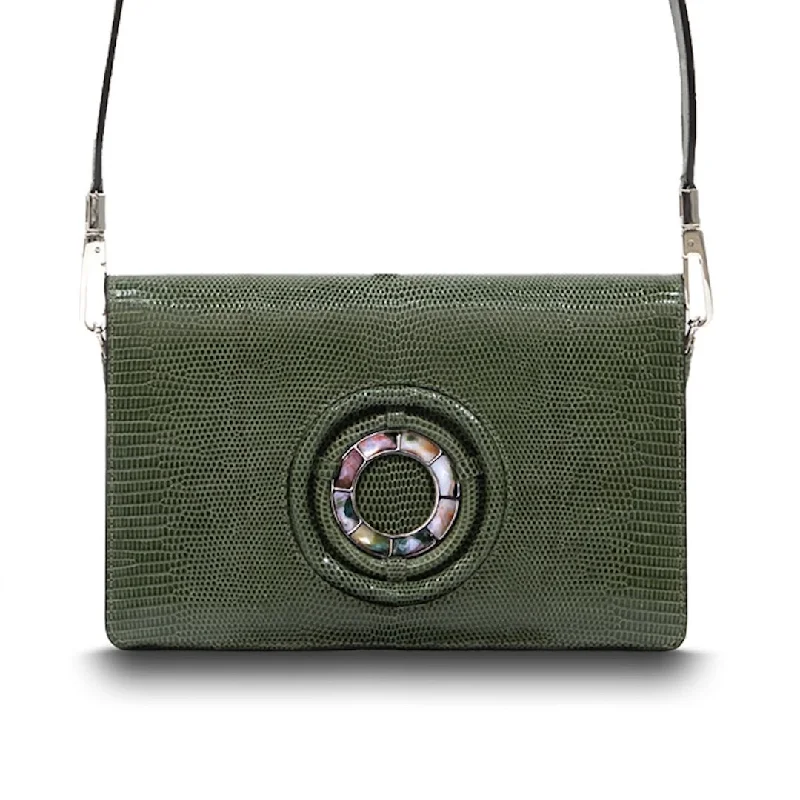 Vintage - style crossbody bag with a brass frame and leather strapsAnna Convertible Crossbody, Green Lizard, Jasper