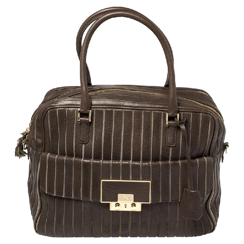 Vegan leather satchel for eco-conscious consumersAnya Hindmarch Brown/grey Leather And Suede Bowling Bag