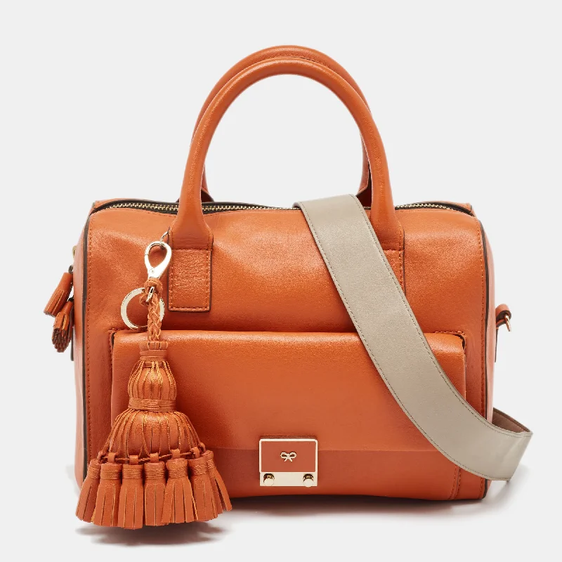 Laser-cut leather satchel with an intricate geometric designAnya Hindmarch Orange And Grey Leather Carker Satchel