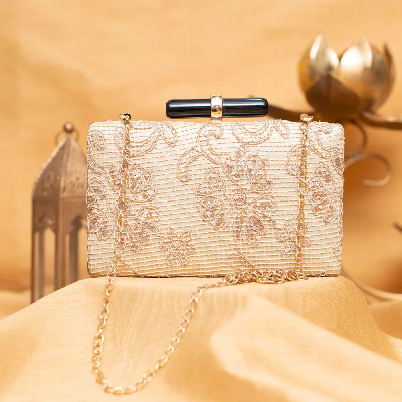 Laser - cut leather evening bag with an intricate patternArtklim Beige Color Embroidered Clutch