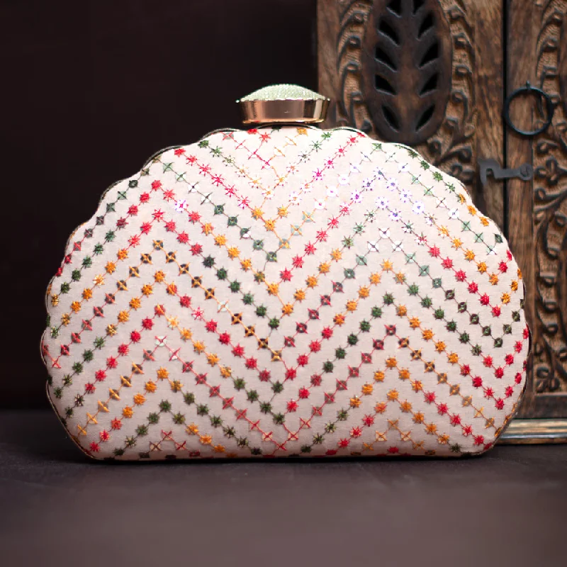 Geometric - shaped evening bag for a contemporary aestheticArtklim Beige Sequins Embroidered D-shape Clutch