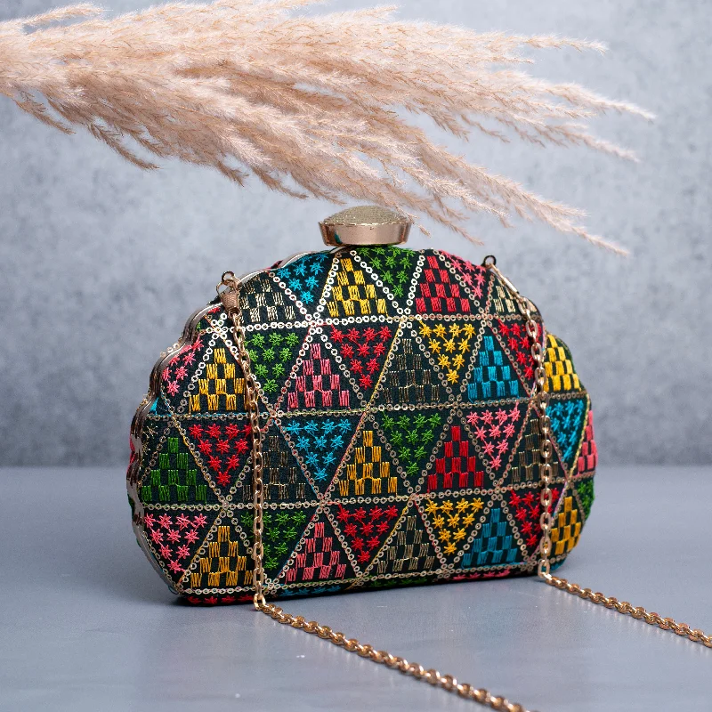 Geometric - shaped evening bag for a contemporary aestheticArtklim Black Based Multicolored Threadwork Pattern Embroidery Clutch