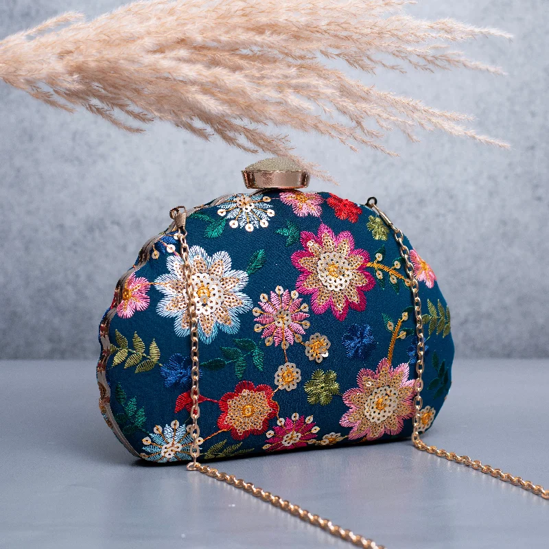 Lace - covered clutch for a romantic and feminine lookArtklim Blue Based Multicolored Floral Embroidery Clutch