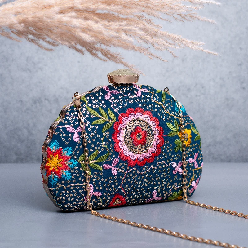 Mother - of - pearl clutch with a delicate sheenArtklim Blue Based Red And Pink Floral Embroidery Clutch