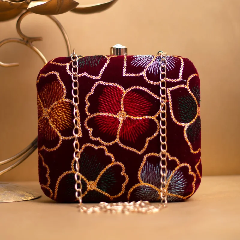 Crystal - encrusted clutch for a red - carpet eventArtklim Maroon Flower Sequenced Embroidery Clutch