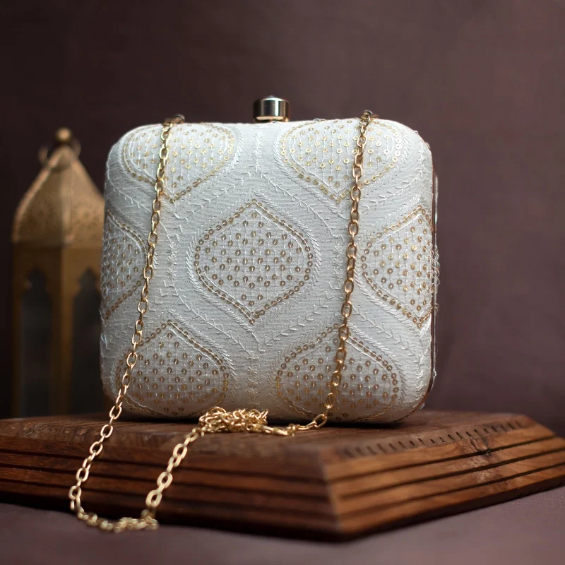 Laser - cut leather evening bag with an intricate patternArtklim Off White Embroidery Party Clutch