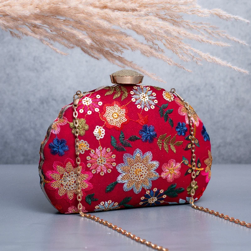 Geometric - shaped evening bag for a contemporary aestheticArtklim Red Based Multicolored Floral Embroidery Clutch